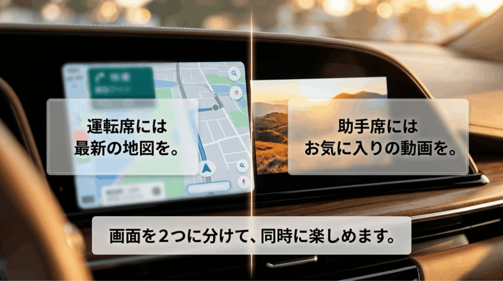 車のディスプレイを分割し運転席側に地図、助手席側に動画を表示するイメージ