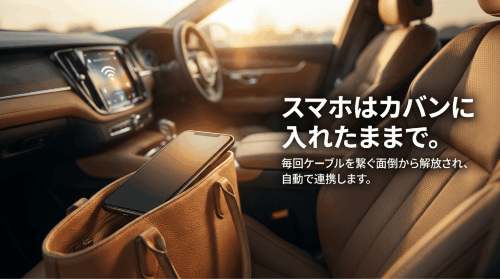Ottocastで車とスマホが自動連携しスマホをカバンに入れたまま使えるイメージ