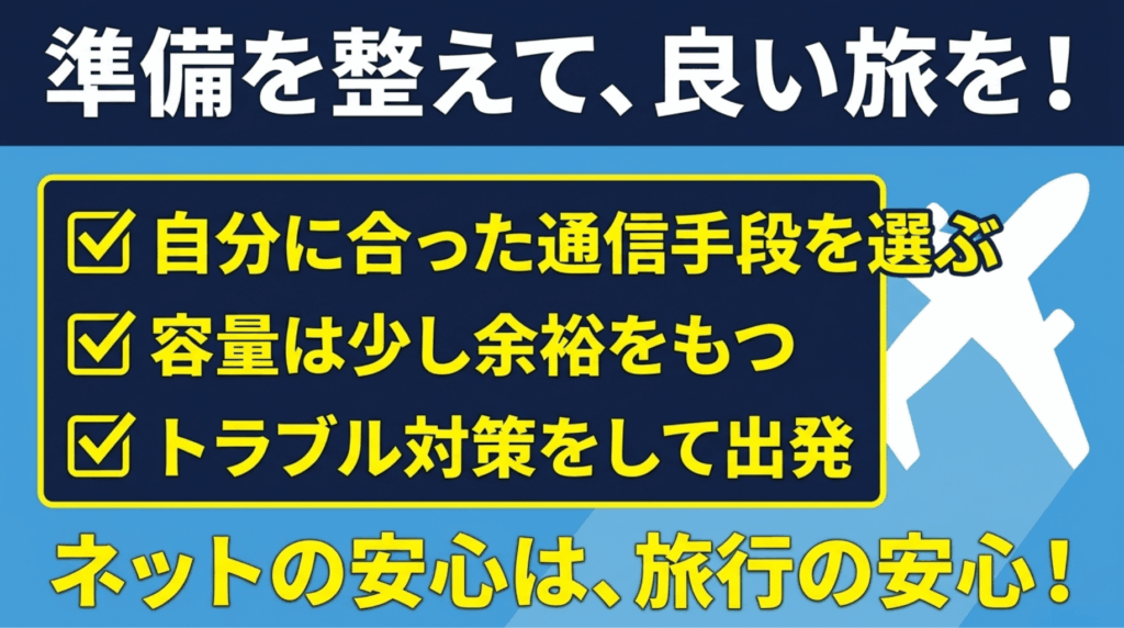 自分に合った通信手段、余裕のある容量、トラブル対策を確認して海外旅行に出発するためのまとめスライド