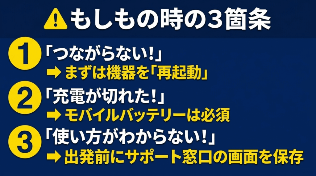 海外でWi-Fiがつながらない、充電が切れた、使い方がわからない場合の事前対策をまとめたスライド