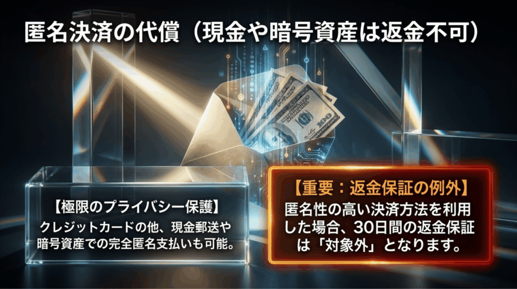 Proton VPNでは現金や暗号資産など匿名性の高い支払いが可能だが、返金保証の対象外になることを示すスライド