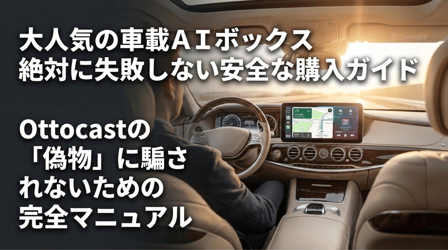 車内のディスプレイを背景に、Ottocastの偽物に騙されないための完全マニュアルと書かれた導入スライド