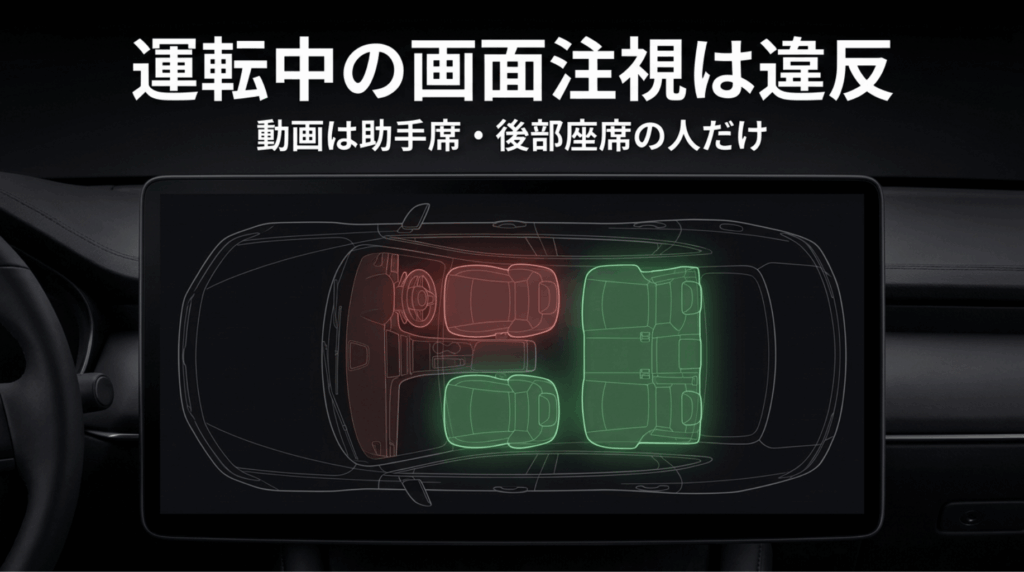 運転席での画面注視は禁止し、動画視聴は助手席や後部座席の同乗者に限定することを示したスライド