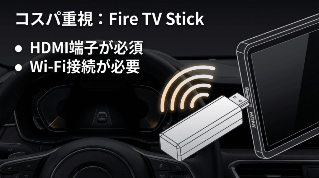 車のモニターにFire TV Stickを接続するイメージと、HDMI端子とWi-Fi接続が必要であることを示すスライド