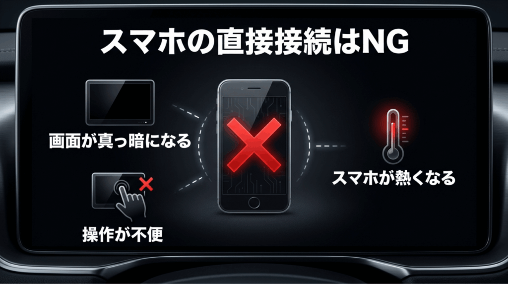 スマホの直接接続では画面が真っ暗になる、操作しにくい、スマホが熱くなる問題を示したスライド