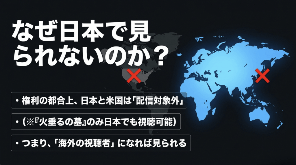 日本と米国がNetflixの主要ジブリ作品の配信対象外で、火垂るの墓のみ日本でも視聴できることを示した世界地図