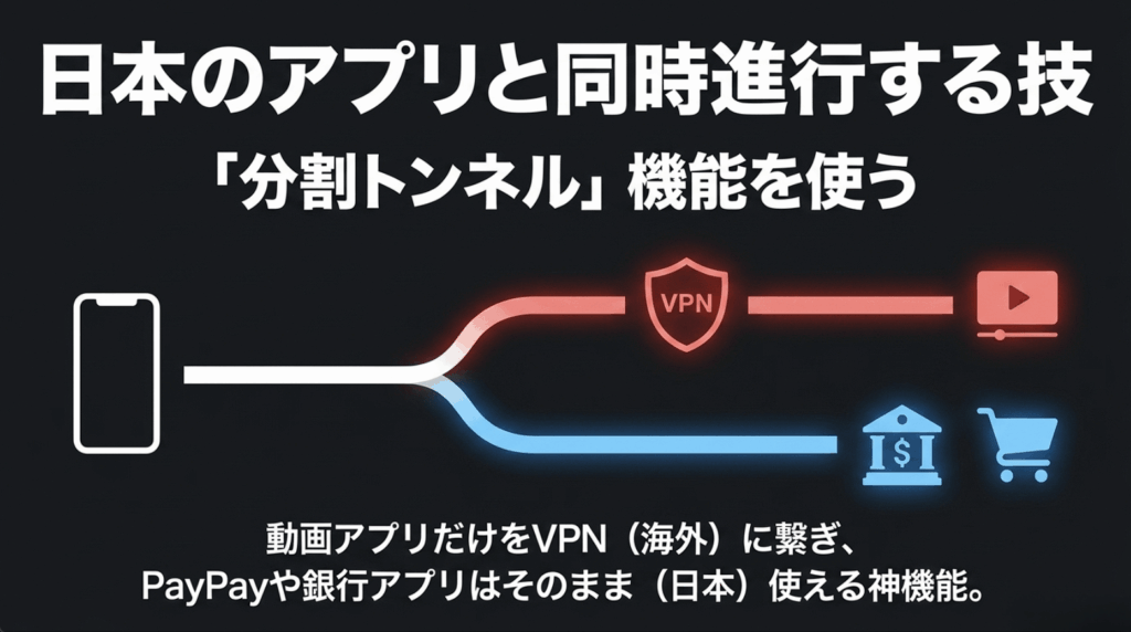 Netflixなどの動画アプリだけをVPN経由にし、PayPayや銀行アプリは日本の回線で利用する分割トンネルの図
