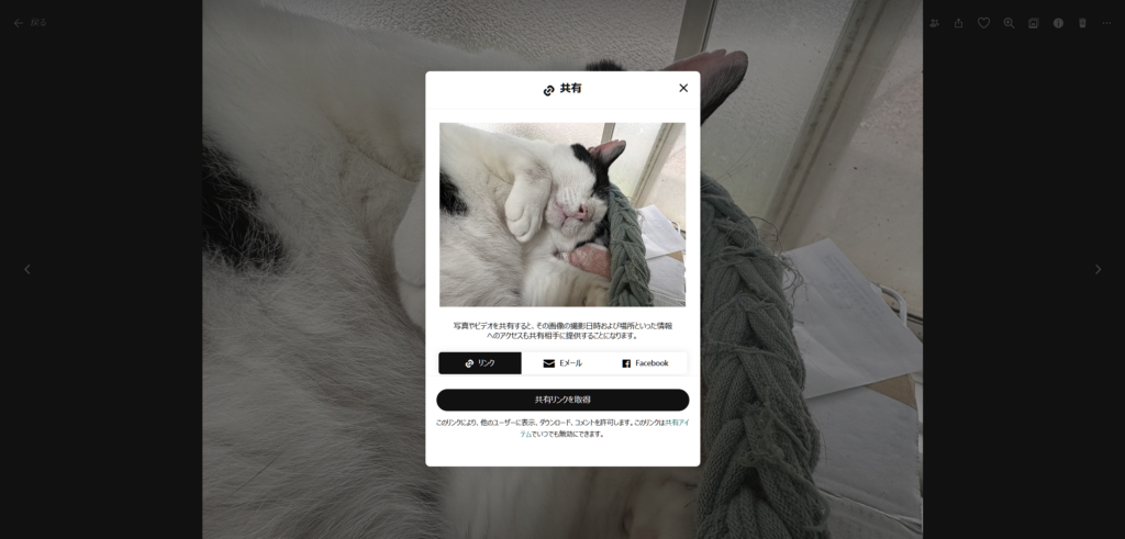 Amazonフォトで写真を選択して共有リンクを取得する画面