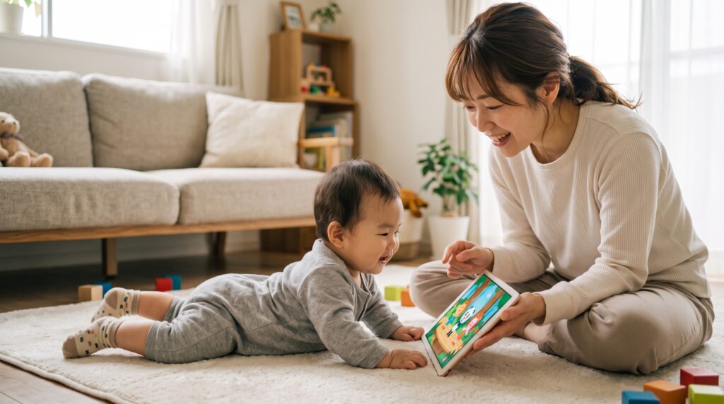 うつ伏せでタブレットの英語アニメーション画面を興味深そうに見つめる赤ちゃんとお母さん