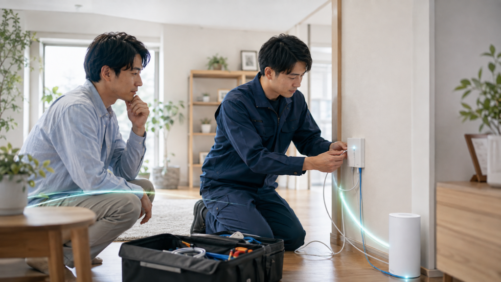 光回線の宅内工事とONUの設置作業を確認する利用者