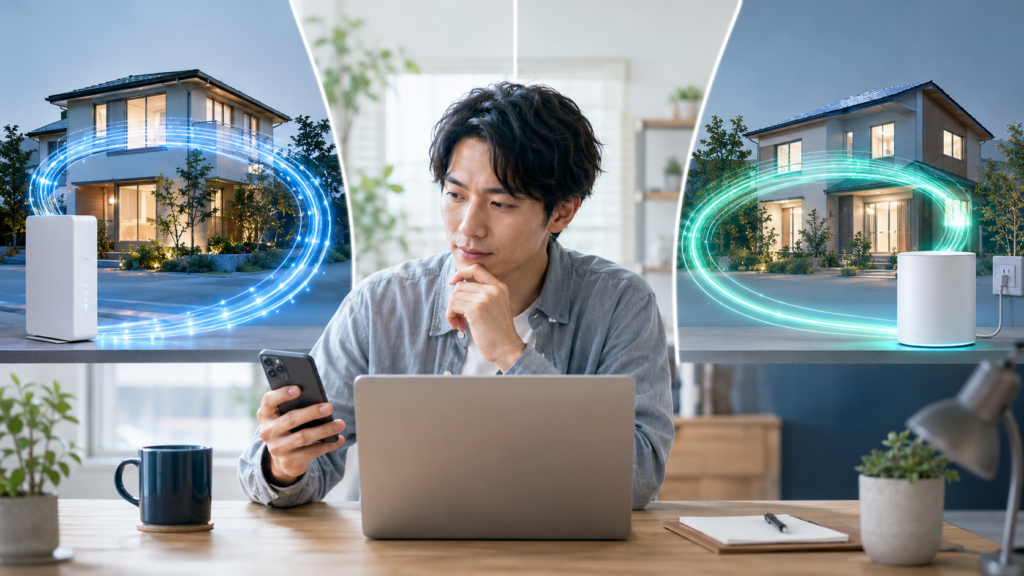 Fon光とNURO光の違いを比較する男性と光回線のイメージ
