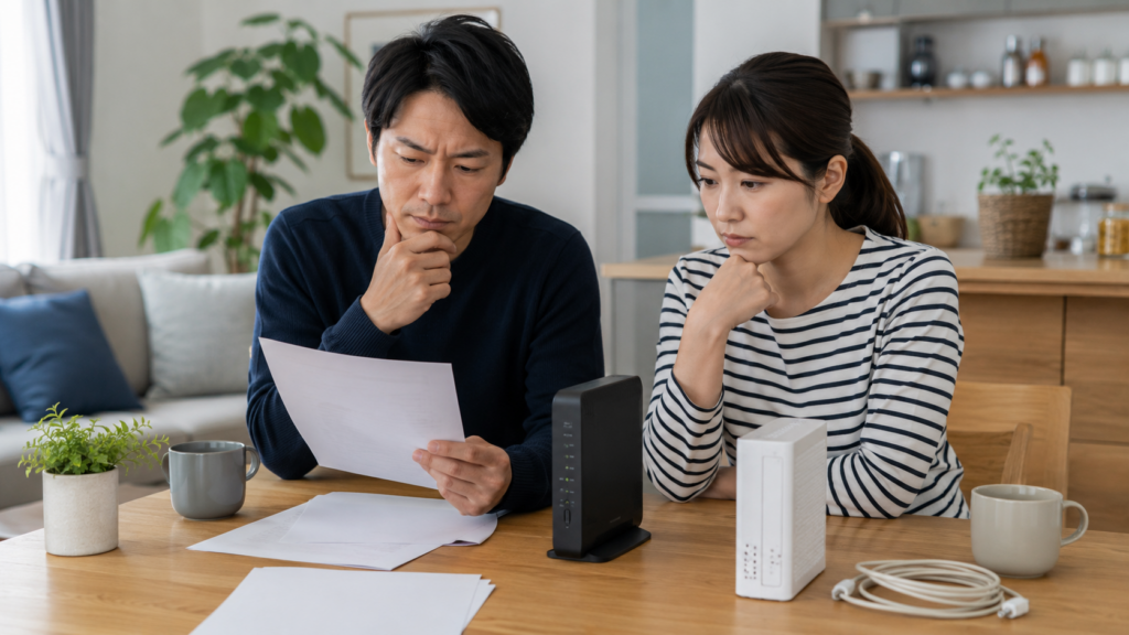 Fon光の工事費や解約条件を契約前に確認する男女