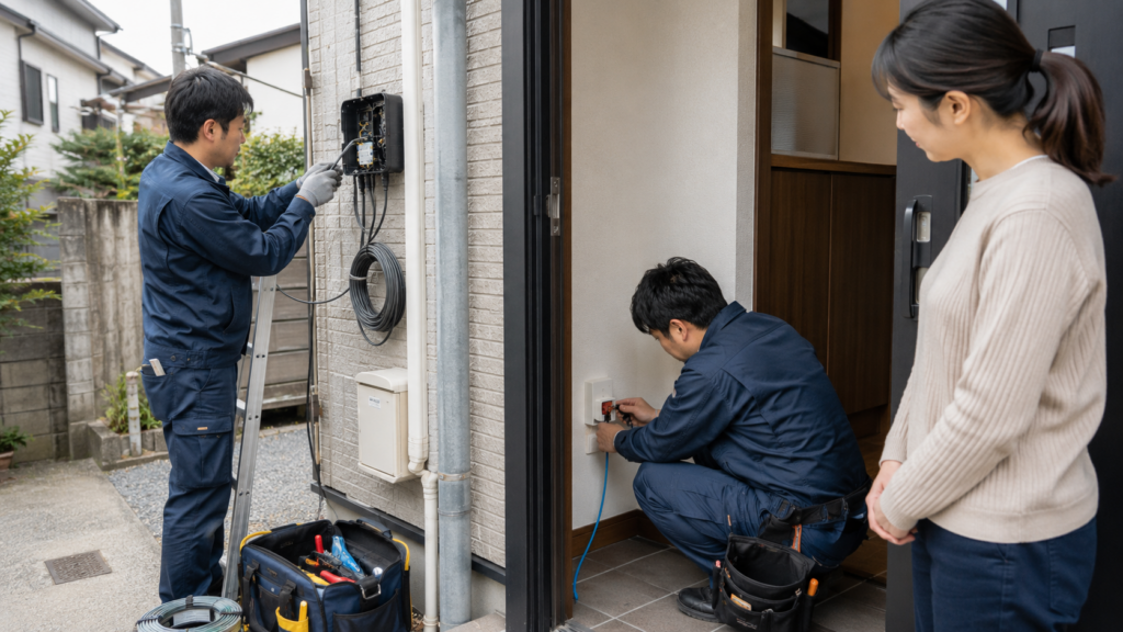 戸建て住宅で屋外と宅内の光回線工事を行う作業員