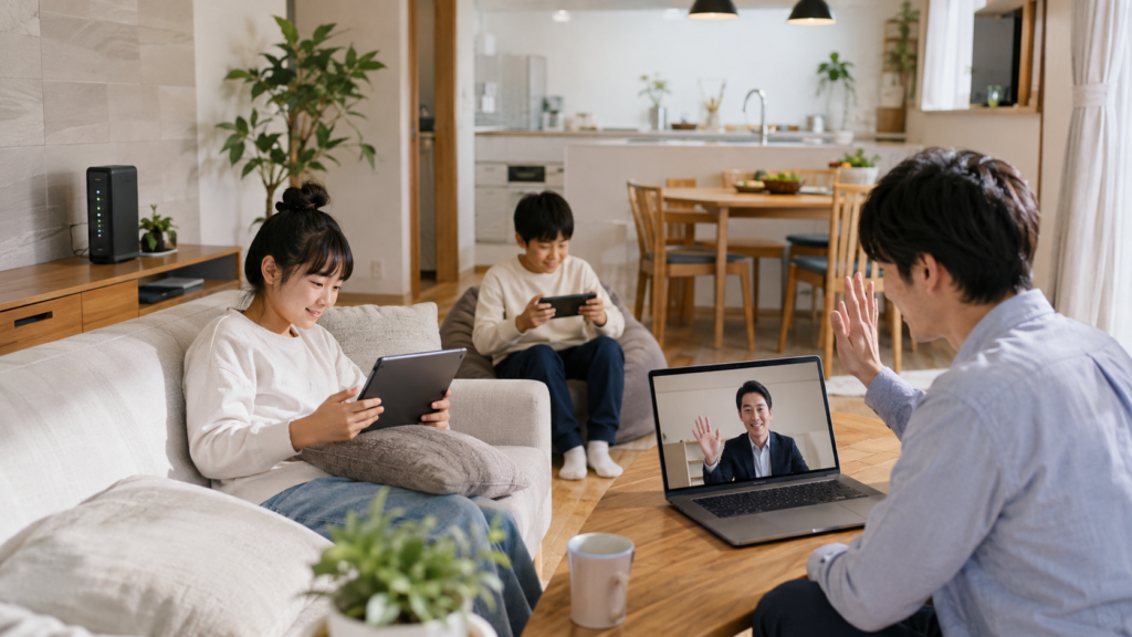 高速な光回線で複数端末を同時利用する日本人家族