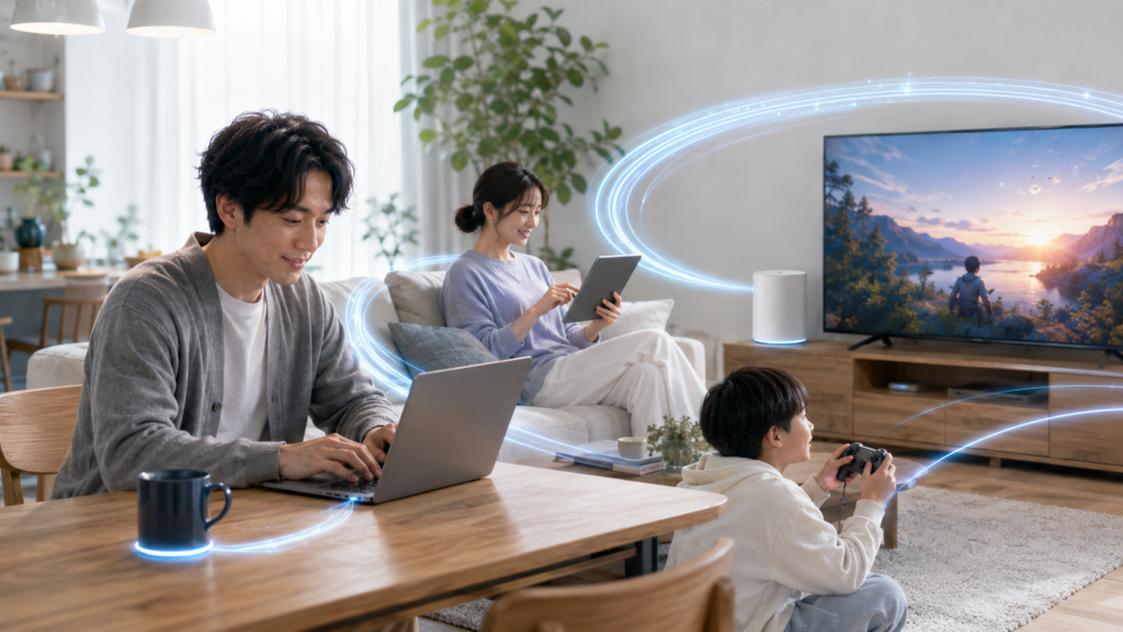 高速光回線でパソコンや動画視聴、ゲームを同時利用する家族