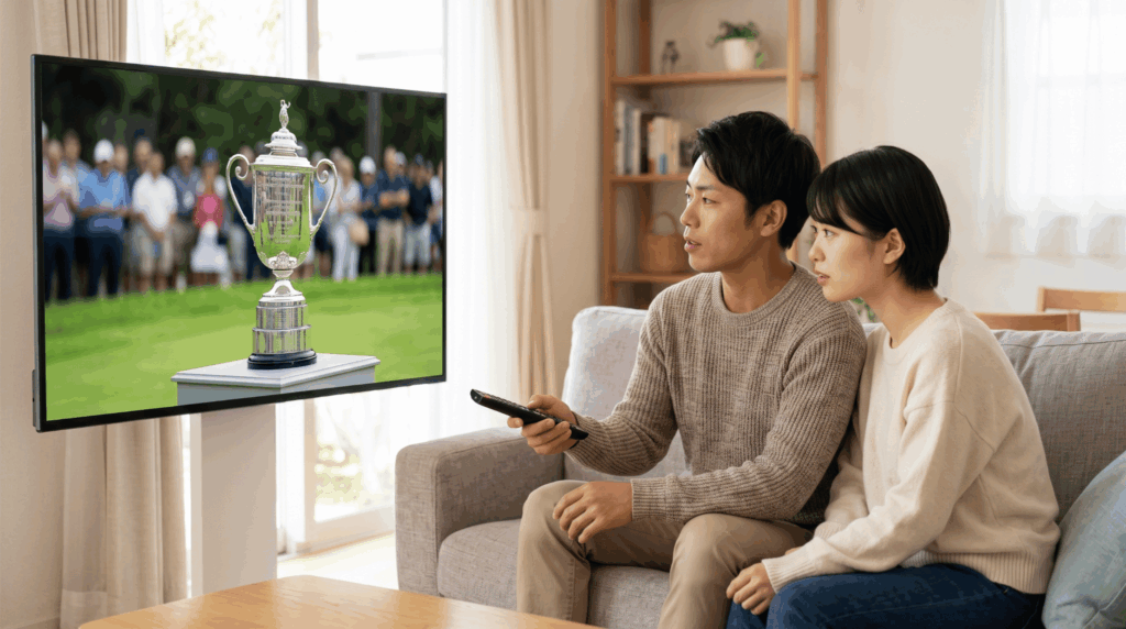 リビングのテレビ画面に映し出されたツアー優勝トロフィーを指さしながら、どのゴルフ大会を視聴するか相談している日本人カップル。