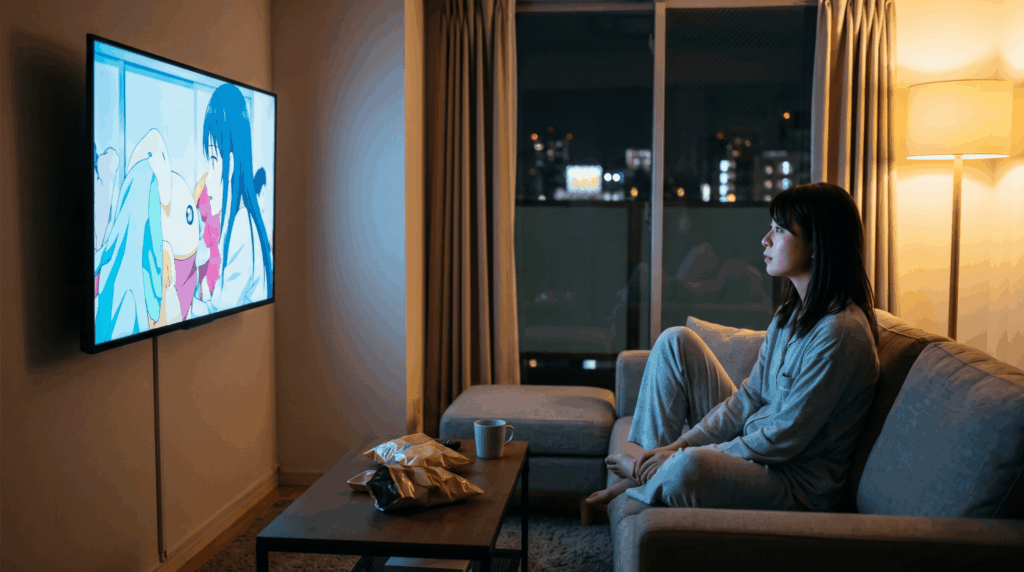 夜の部屋でソファに座り、テレビでアニメを見放題で楽しむ日本人の若い女性