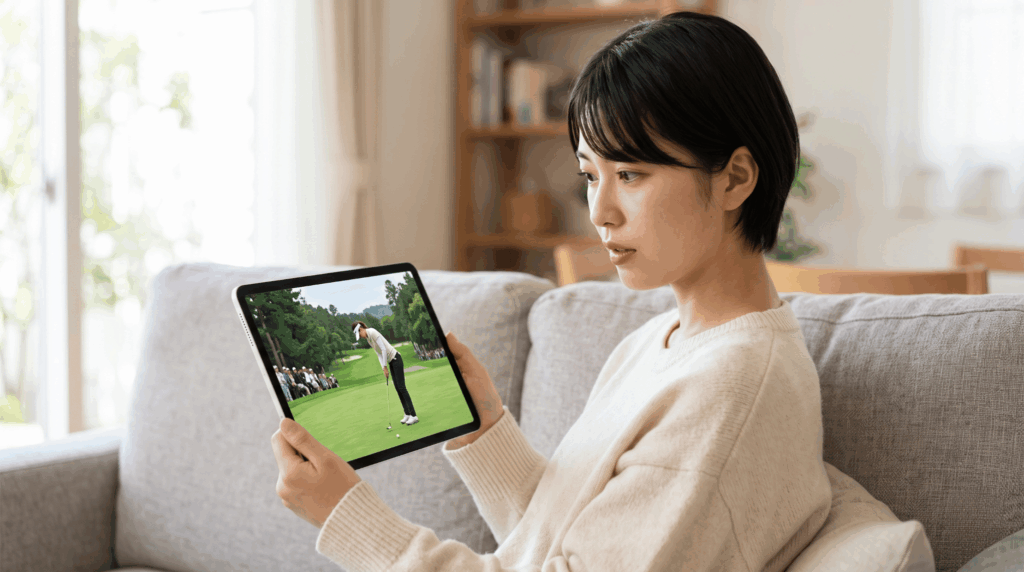 自宅のソファでリラックスしながら、タブレット端末でLPGAツアーのライブ配信を真剣に見入る日本人女性。