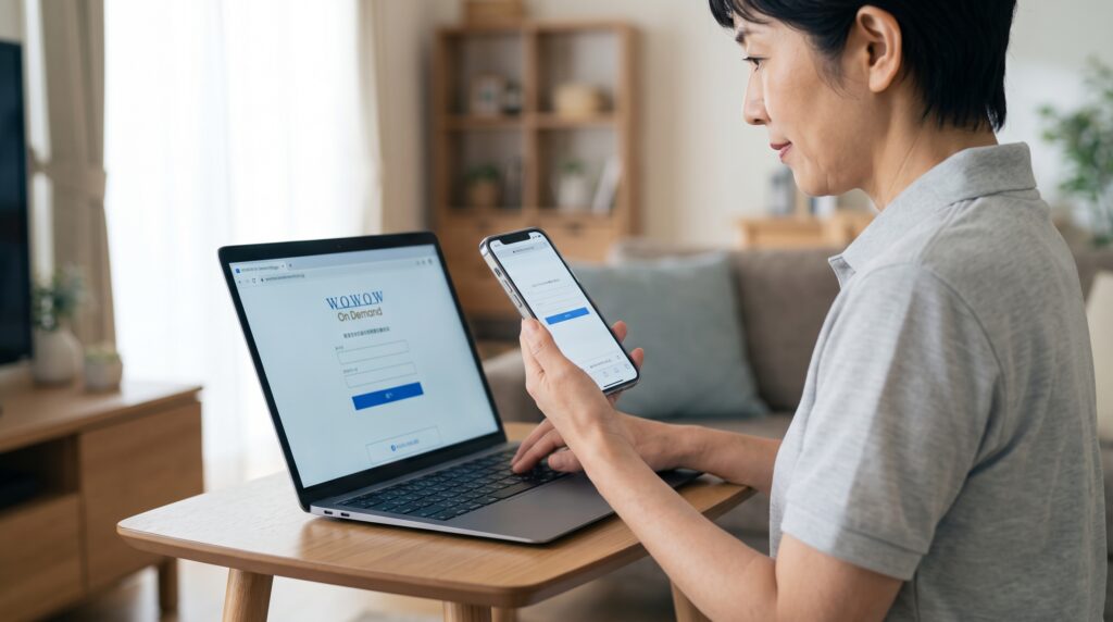 J:COMのマイページ画面とB-CASカードを並べ、WOWOWの契約状況とCAS番号を確認する日本人女性。