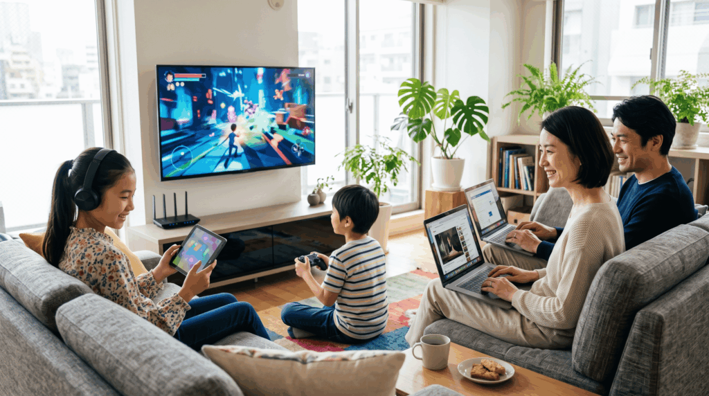 明るいリビングで、大画面テレビでゲームをする男の子、タブレットを見る女の子、パソコンを操作する両親など、複数のデバイスを同時にインターネットに接続して楽しむ日本人の家族。