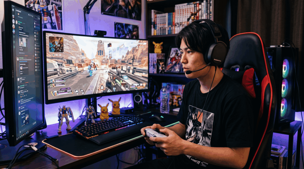 自宅でゲーミングモニターに向かい、コントローラーを手に集中してオンラインゲームをプレイする日本人の若い男性ゲーマー。