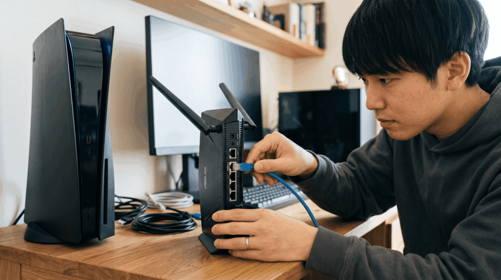 通信速度を安定させるため、ゲーム機やパソコンの近くにあるWi-Fiルーターの背面ポートに、有線LANケーブルのコネクタを差し込む日本人の男性の手元のアップ。