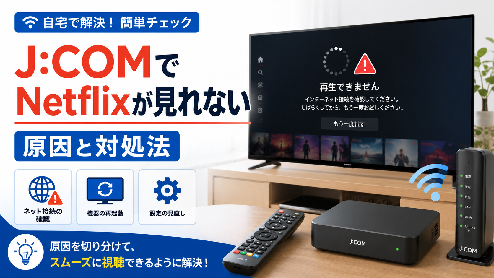J:COMでNetflixが見れないときの原因と対処法を、テレビやルーター、再起動などの確認項目とともに示したイメージ画像