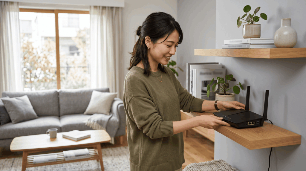 自宅の清潔な部屋で、電波が届きやすいように、棚の高い位置に最新のWi-Fiルーターを設置し、場所を微調整する日本人の若い女性。