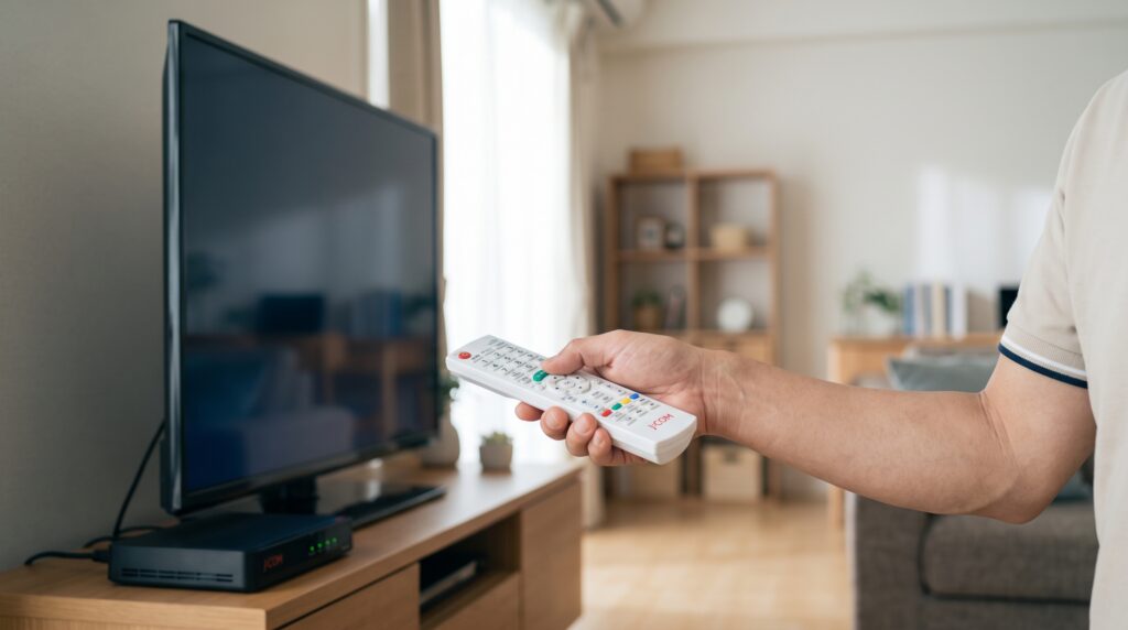 J:COM TVでWOWOW BS191chを選局し、スクランブル解除信号を受信しながら30分待機する様子。