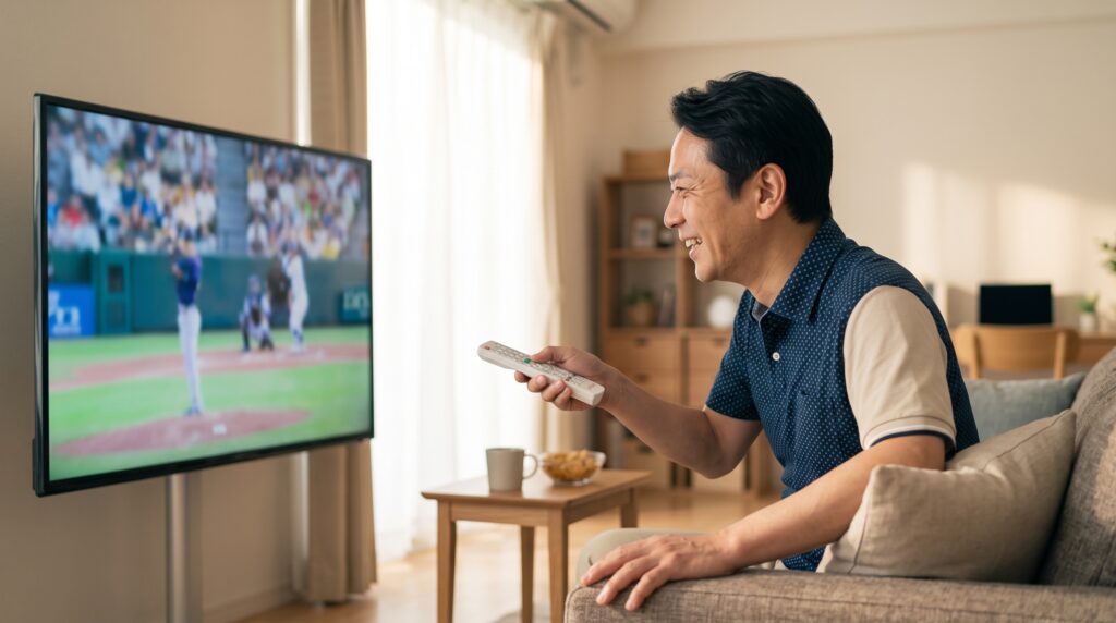 J:COMのテレビとスマートフォンの両方で、WOWOWの番組が正常に映り、笑顔で視聴する日本人男性。