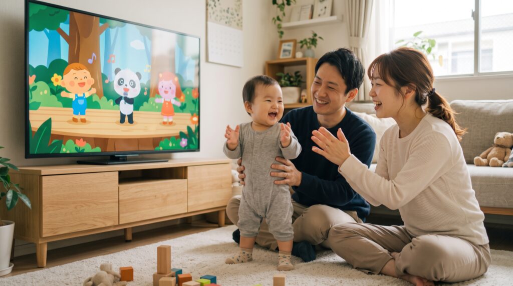 Netflixの英語番組をきっかけに笑顔で拍手しながら触れ合う赤ちゃんと家族