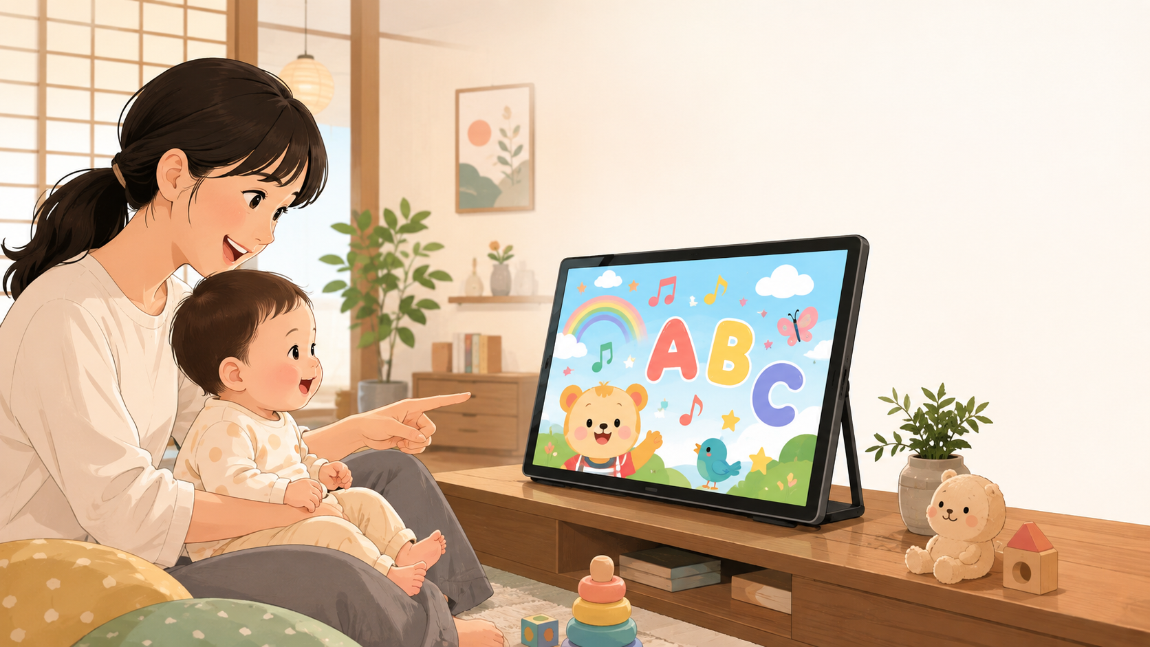 Netflixで0歳児向けの英語コンテンツを親子で楽しむ赤ちゃんと母親のイメージ