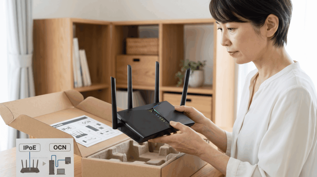 自宅のデスクで、ドコモから届いたahamo光対応ルーター(OCNバーチャルコネクト対応)をダンボール箱から取り出す日本人女性。