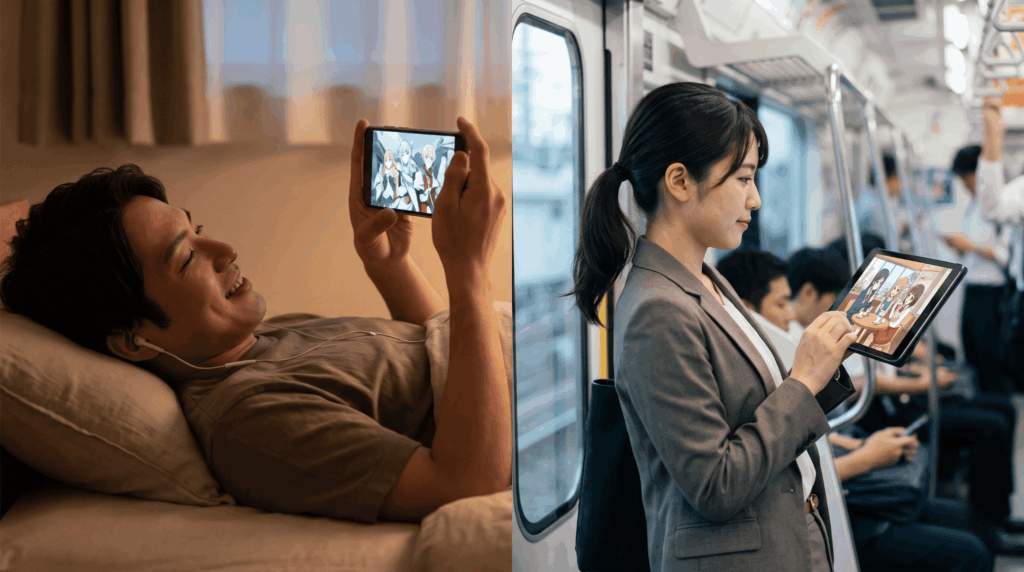 U-NEXTのダウンロード機能。通勤中の電車内でタブレットを使ってアニメを視聴するアジア人女性。