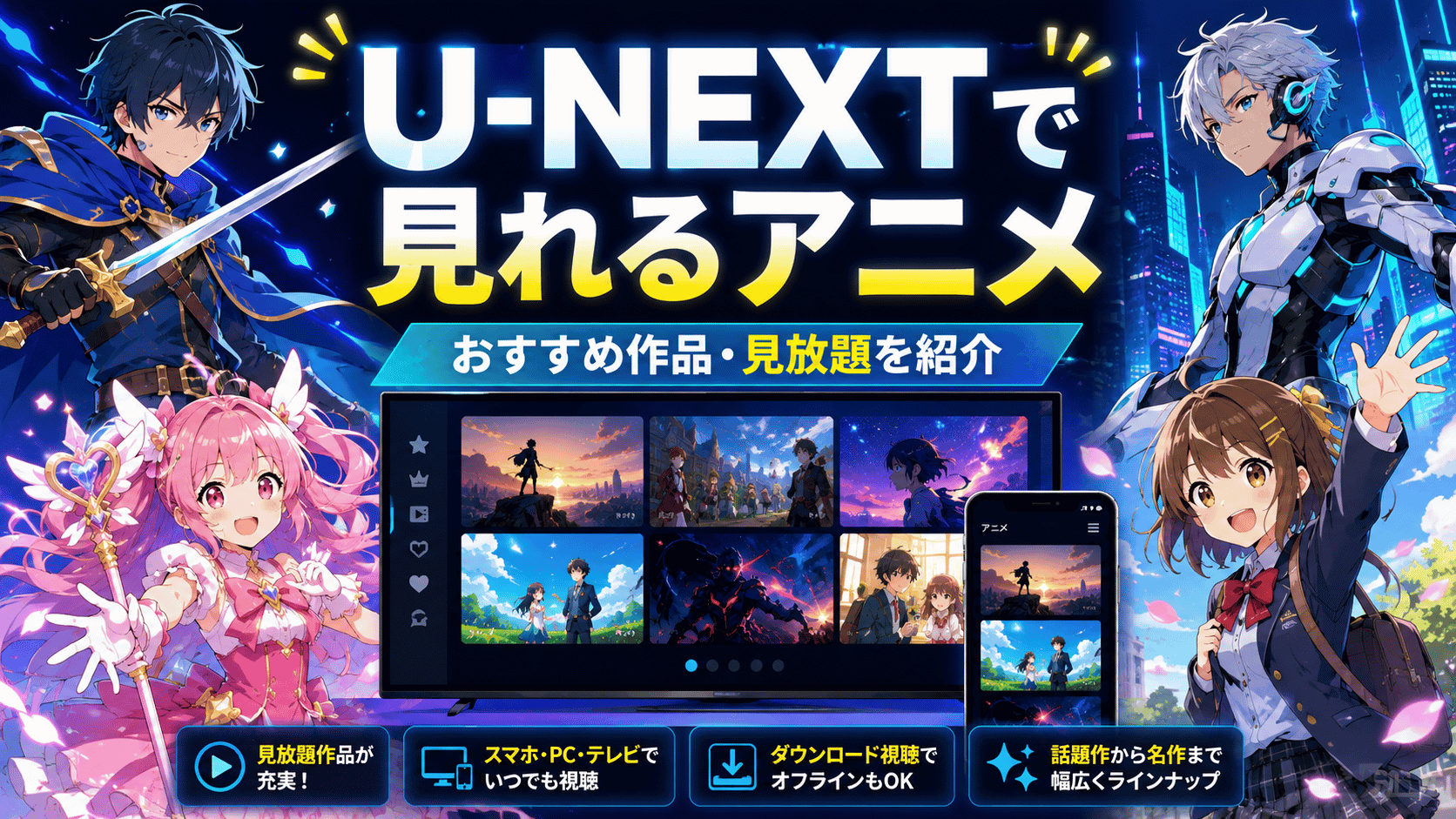 U-NEXTで見れるアニメのおすすめ作品や見放題作品を紹介するイメージ画像