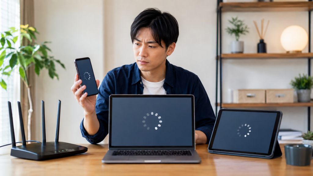 U-NEXTが繋がらない原因をスマホやパソコンなど複数端末で確認する様子