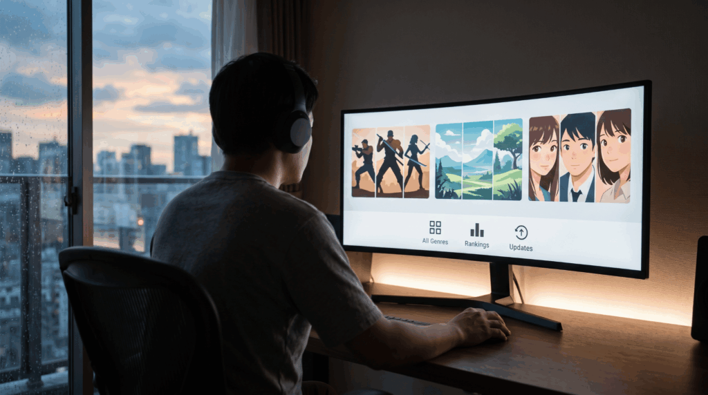 U-NEXTのジャンル選択UI。大画面モニターにバトル、ファンタジー、日常系のサムネイルが表示されている。
