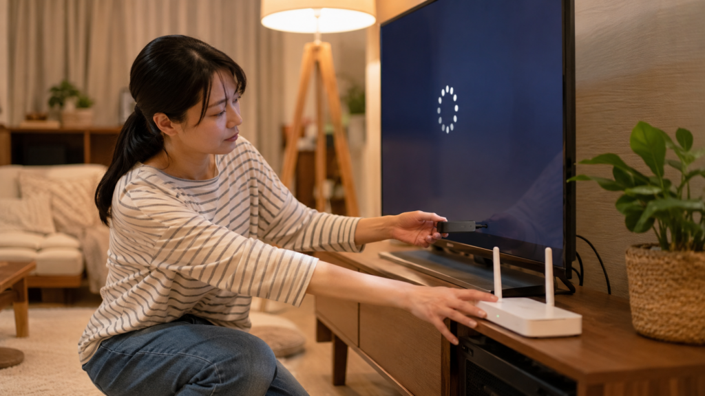 U-NEXTがテレビで見れないときにテレビとWi-Fiルーターを確認する様子