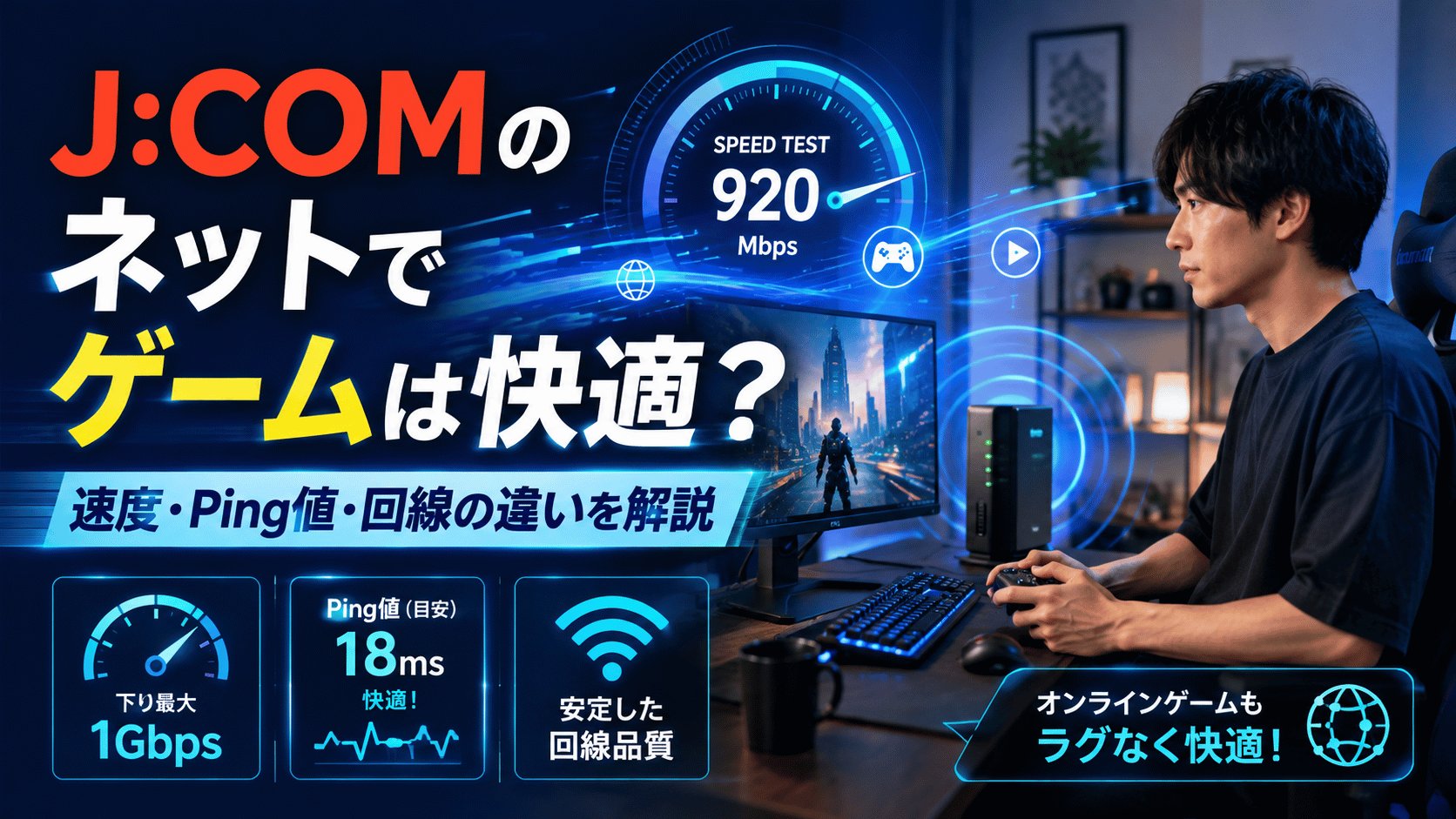 J:COMのネットでオンラインゲームをする際の速度・Ping値・回線の違いを解説するアイキャッチ画像