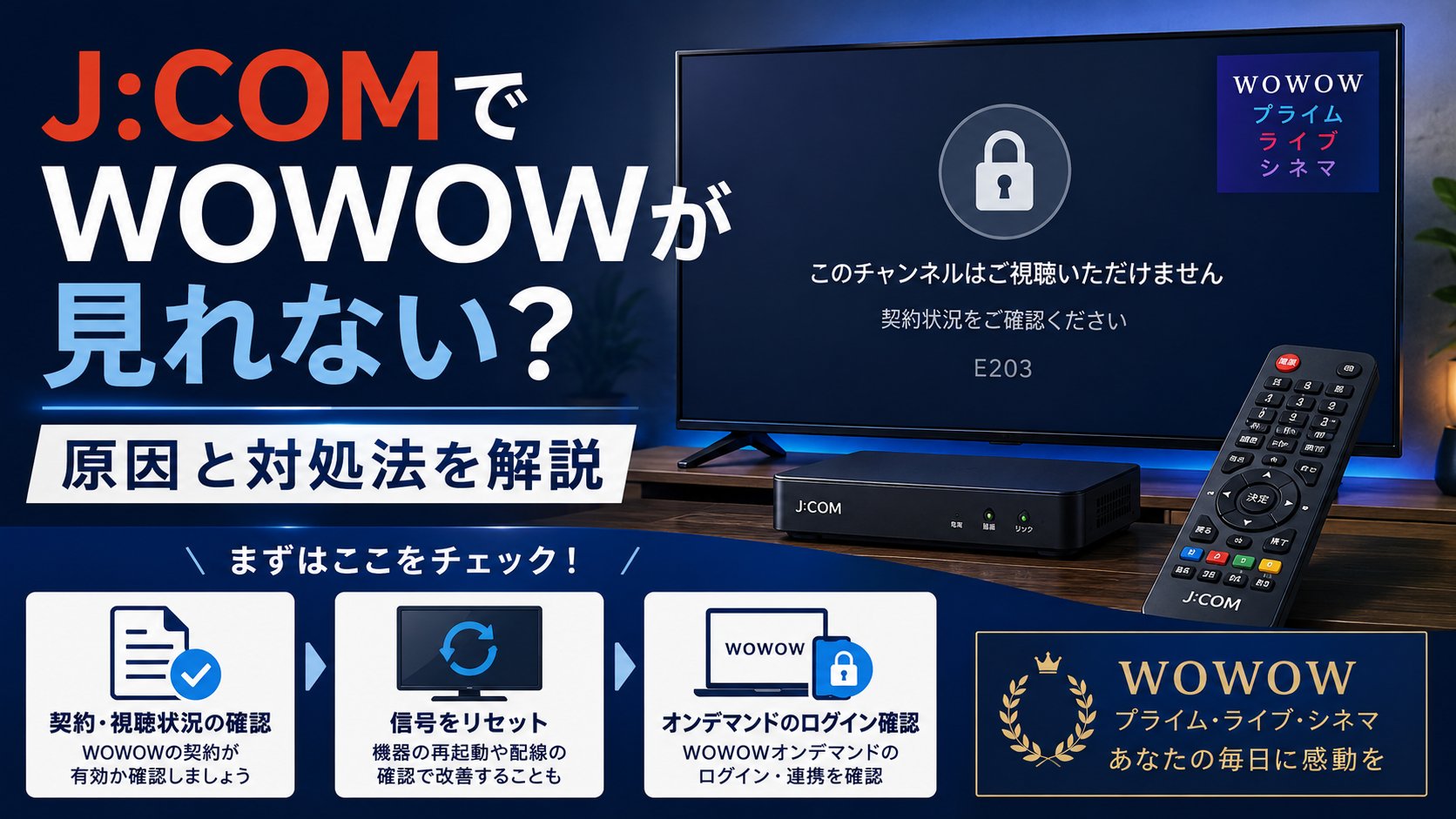 J:COMでWOWOWが見れないときの原因と対処法を解説するイメージ画像