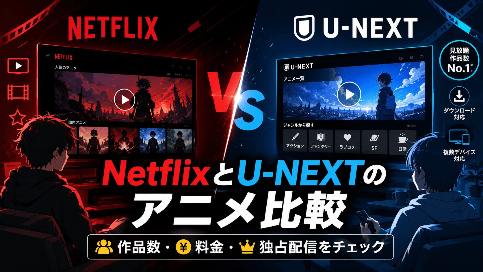 NetflixとU-NEXTのアニメ配信を、作品数・料金・独占配信の違いで比較しているアイキャッチ画像