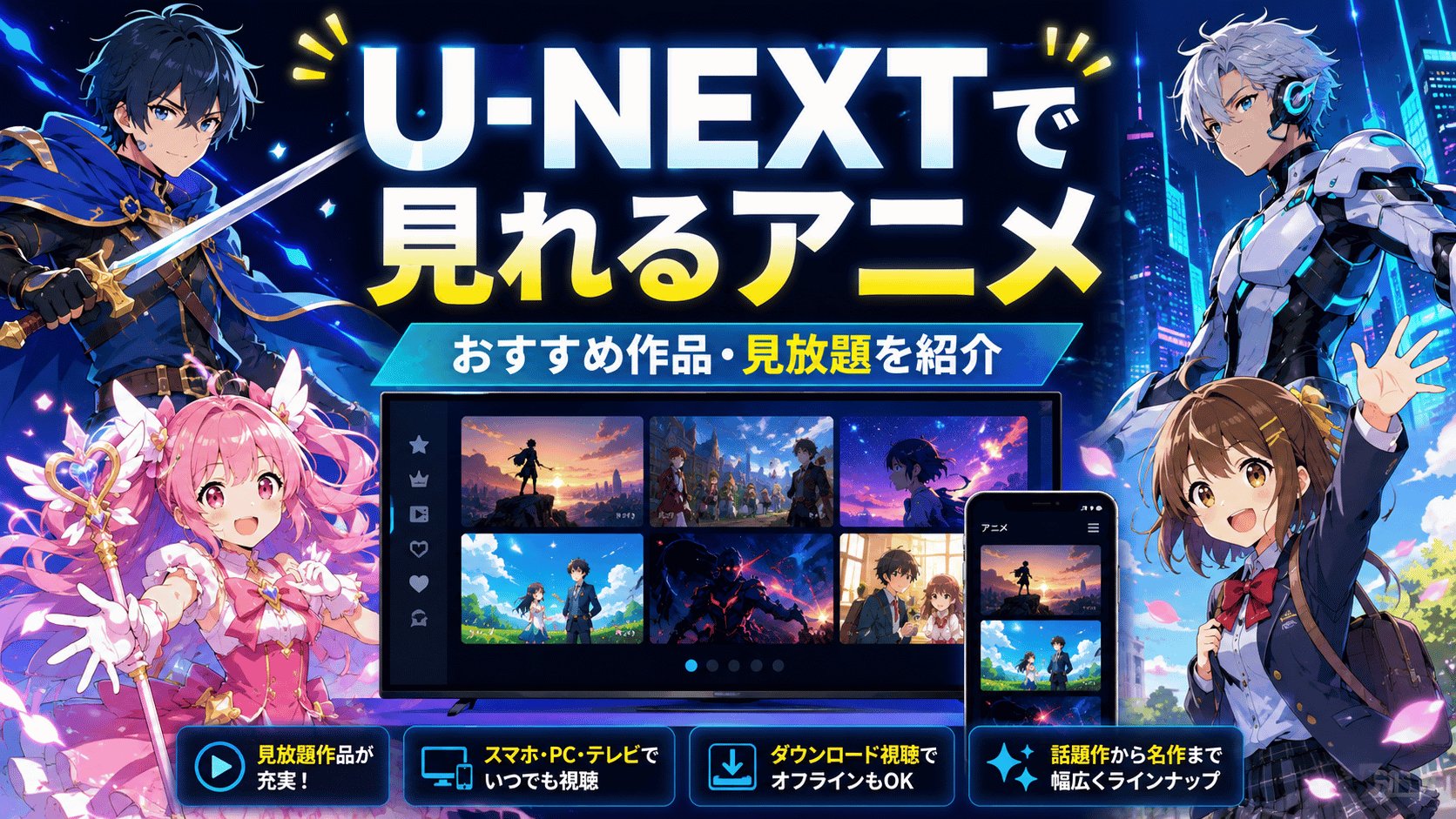 U-NEXTで見れるアニメのおすすめ作品や見放題作品を紹介するイメージ画像