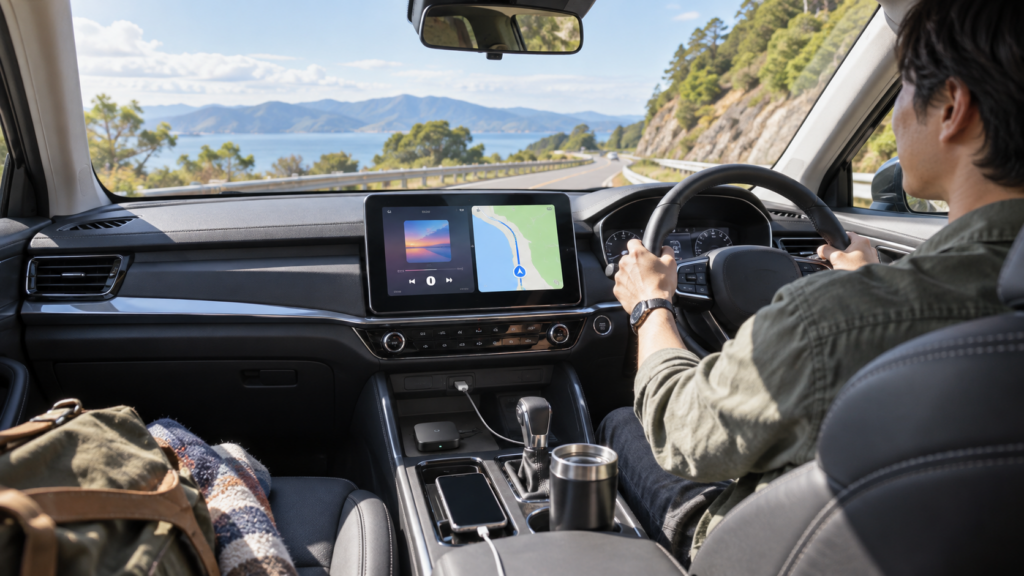 CarPlay AI Boxを使い車載ディスプレイでAmazon Musicとナビを利用するイメージ