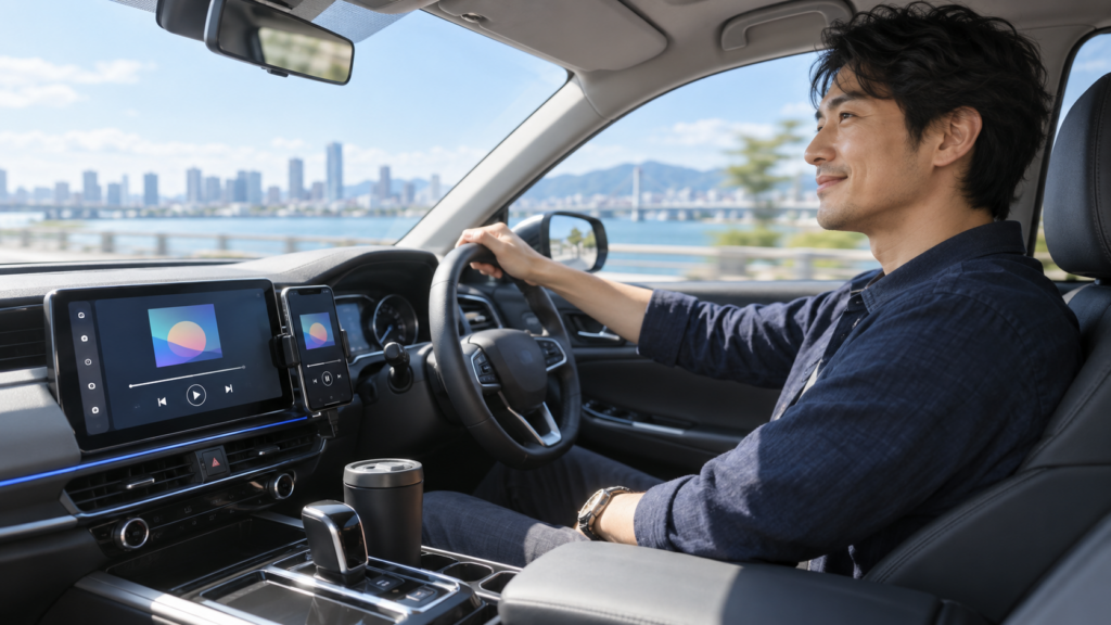 Amazon MusicをBluetooth接続したスマホから車のスピーカーで再生するイメージ