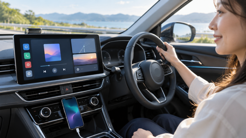 Amazon MusicをCarPlay対応の車載ディスプレイから操作しているイメージ