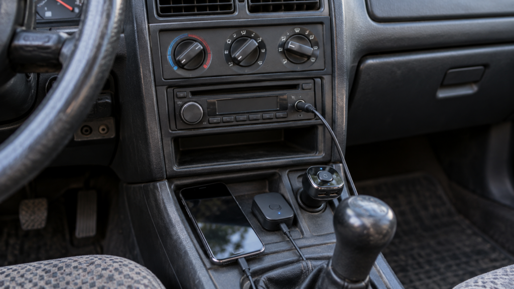 古い車でAUXやBluetoothレシーバー、FMトランスミッターを使ってAmazon Musicを聴くイメージ