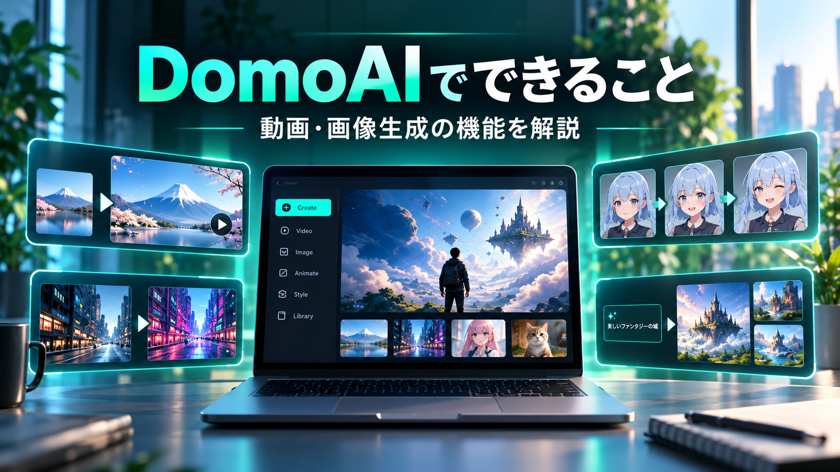 DomoAIでできる動画生成・画像生成・キャラクターアニメーションなどの機能を表現したアイキャッチ画像