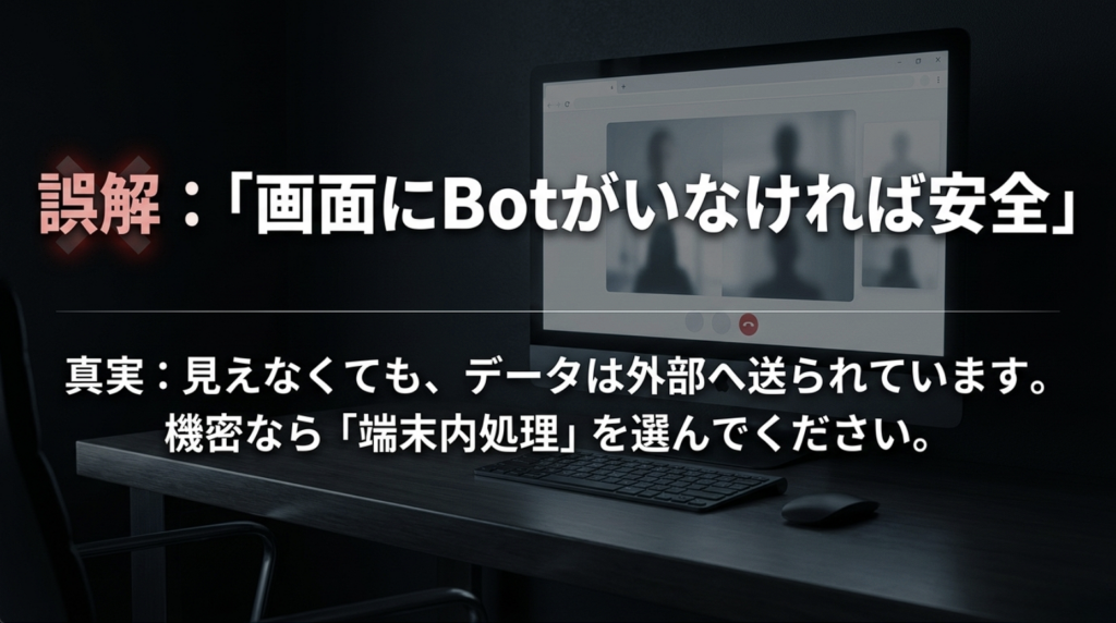 NottaのBotなし録音でもデータはオンライン処理されるためプライバシーモードとは異なることを示す図