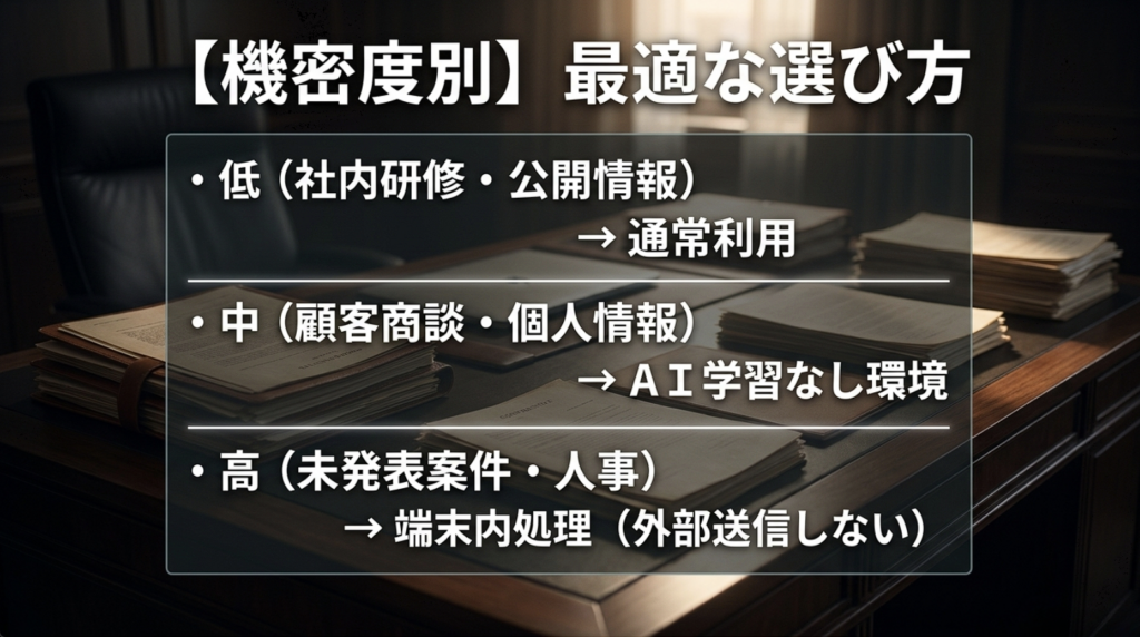 公開情報は通常利用、顧客情報はAI学習なし、重要な機密情報は端末内処理を検討する目安
