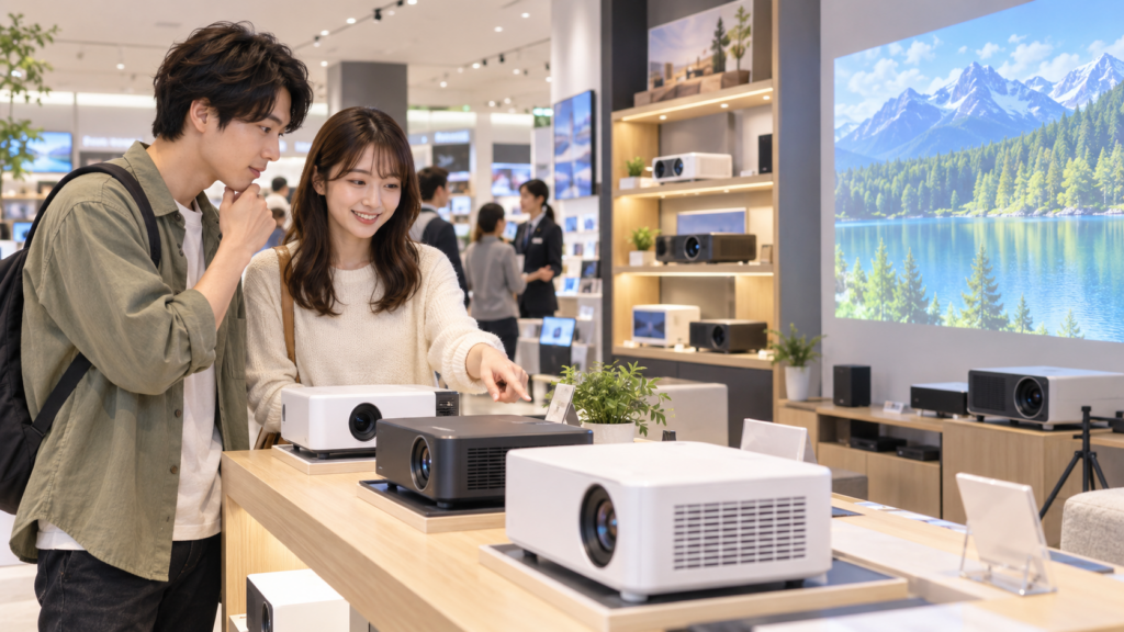 家電量販店で複数のプロジェクターを実物比較する日本人カップル